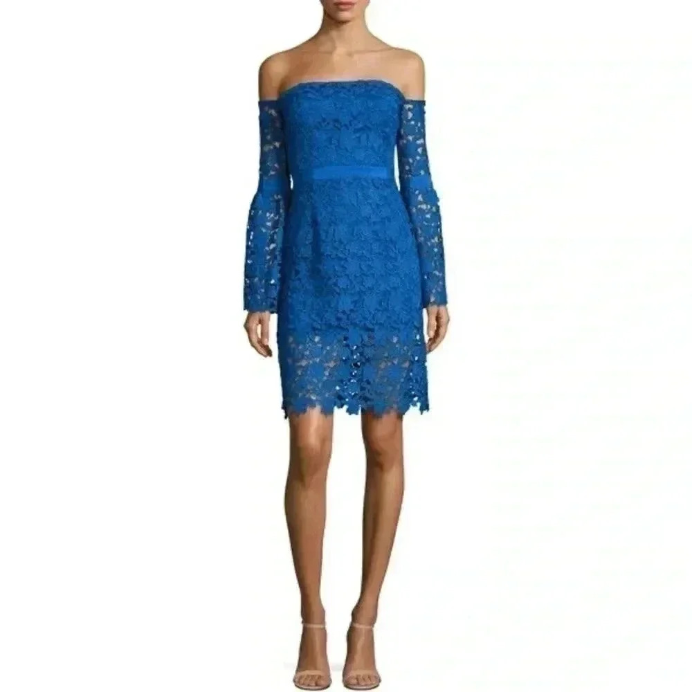 Women’s Size Medium M 1st Sight Cobalt Blue Lace Bell Sleeve Mini Dress  $299
